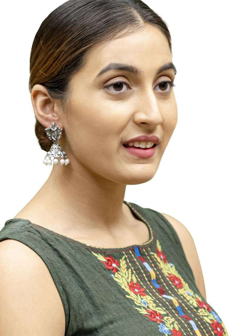 Silver-Plated Cubic Zirconia Studded Dome Shaped Jhumkas for Women | Traditional Temple Jewellery for Wedding & Festive Wear | Gift for Her - Indya
