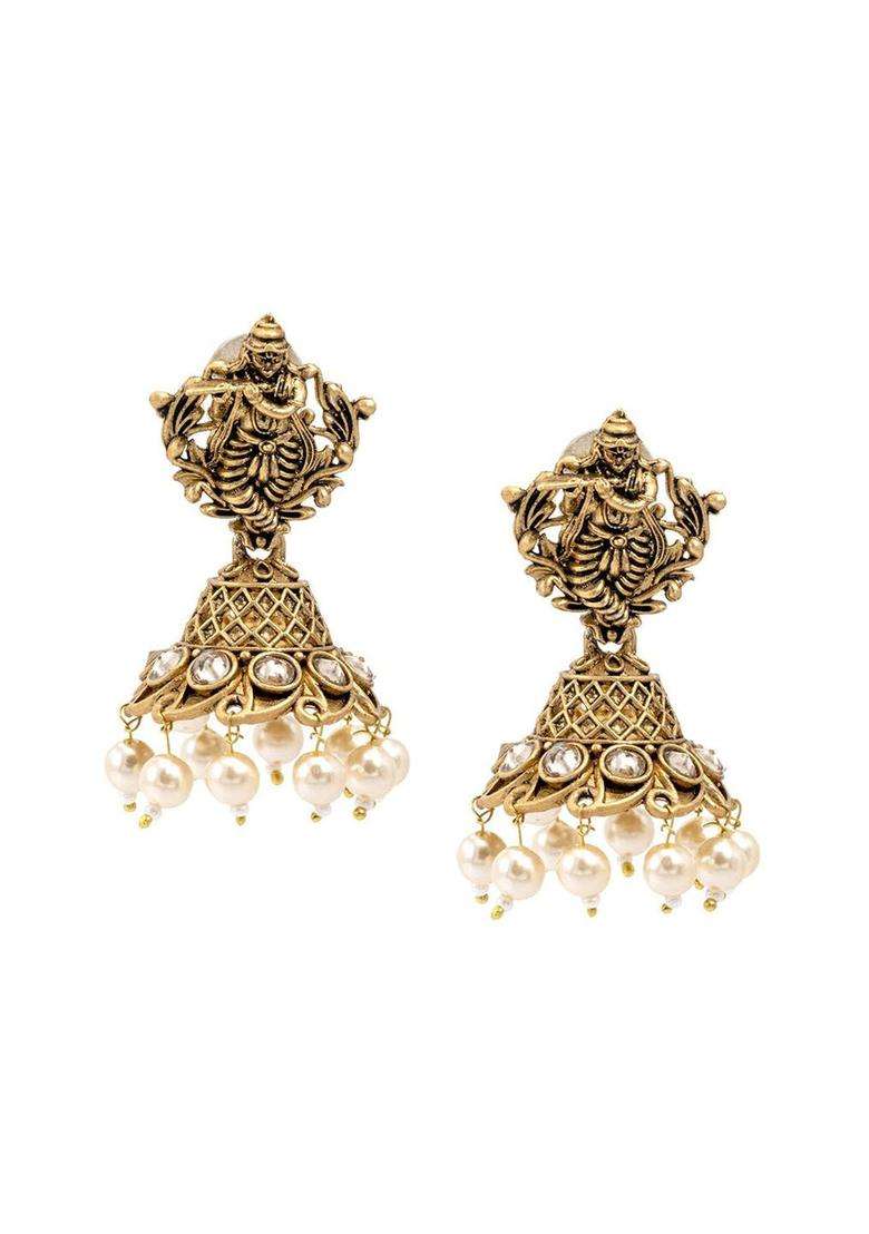 Gold-Plated Cubic Zirconia Studded Dome Shaped Jhumkas for Women | Traditional Temple Jewellery for Wedding & Festive Wear | Gift for Her - Indya