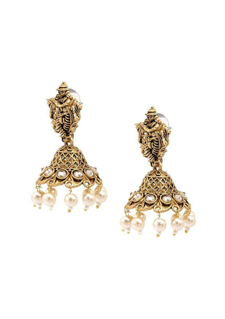 Gold-Plated Cubic Zirconia Studded Dome Shaped Jhumkas for Women | Traditional Temple Jewellery for Wedding & Festive Wear | Gift for Her - Indya