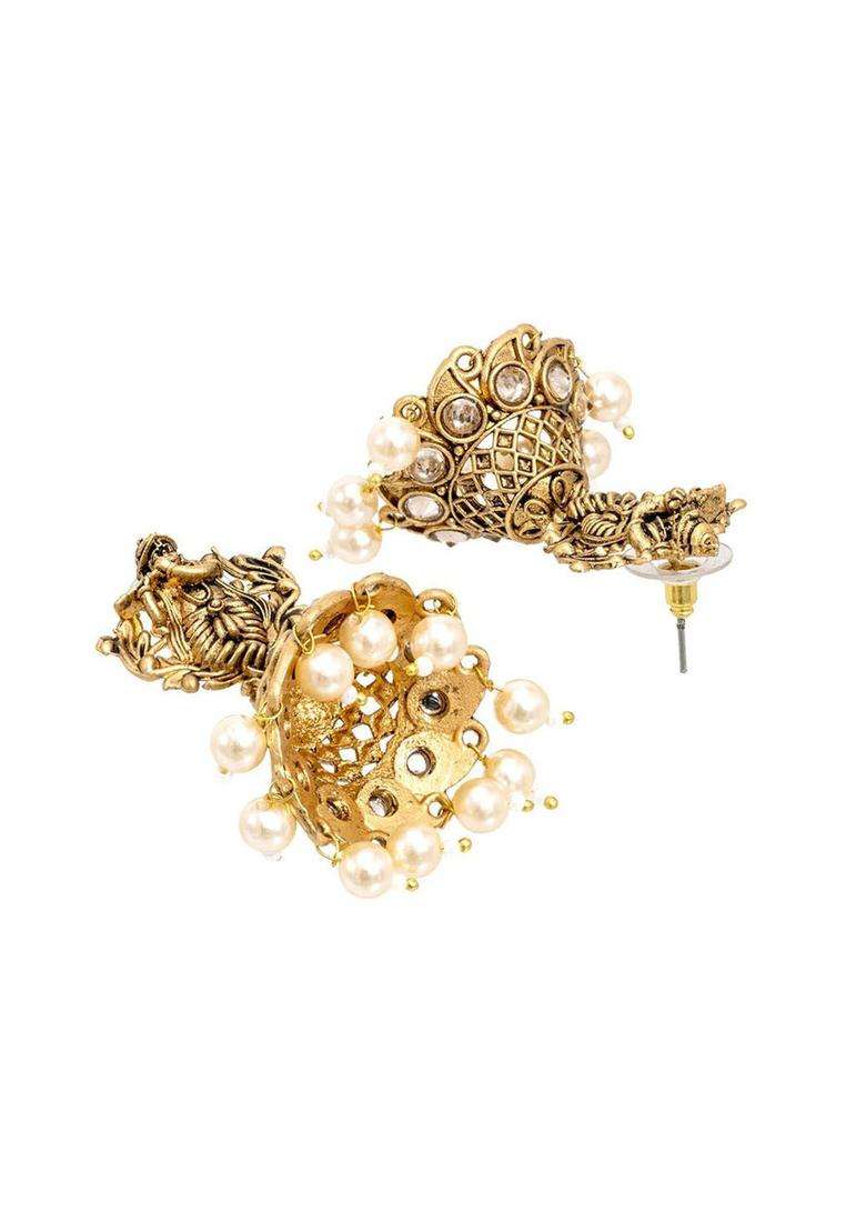 Gold-Plated Cubic Zirconia Studded Dome Shaped Jhumkas for Women | Traditional Temple Jewellery for Wedding & Festive Wear | Gift for Her - Indya