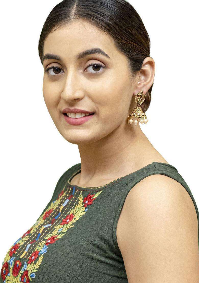 Gold-Plated Cubic Zirconia Studded Dome Shaped Jhumkas for Women | Traditional Temple Jewellery for Wedding & Festive Wear | Gift for Her - Indya