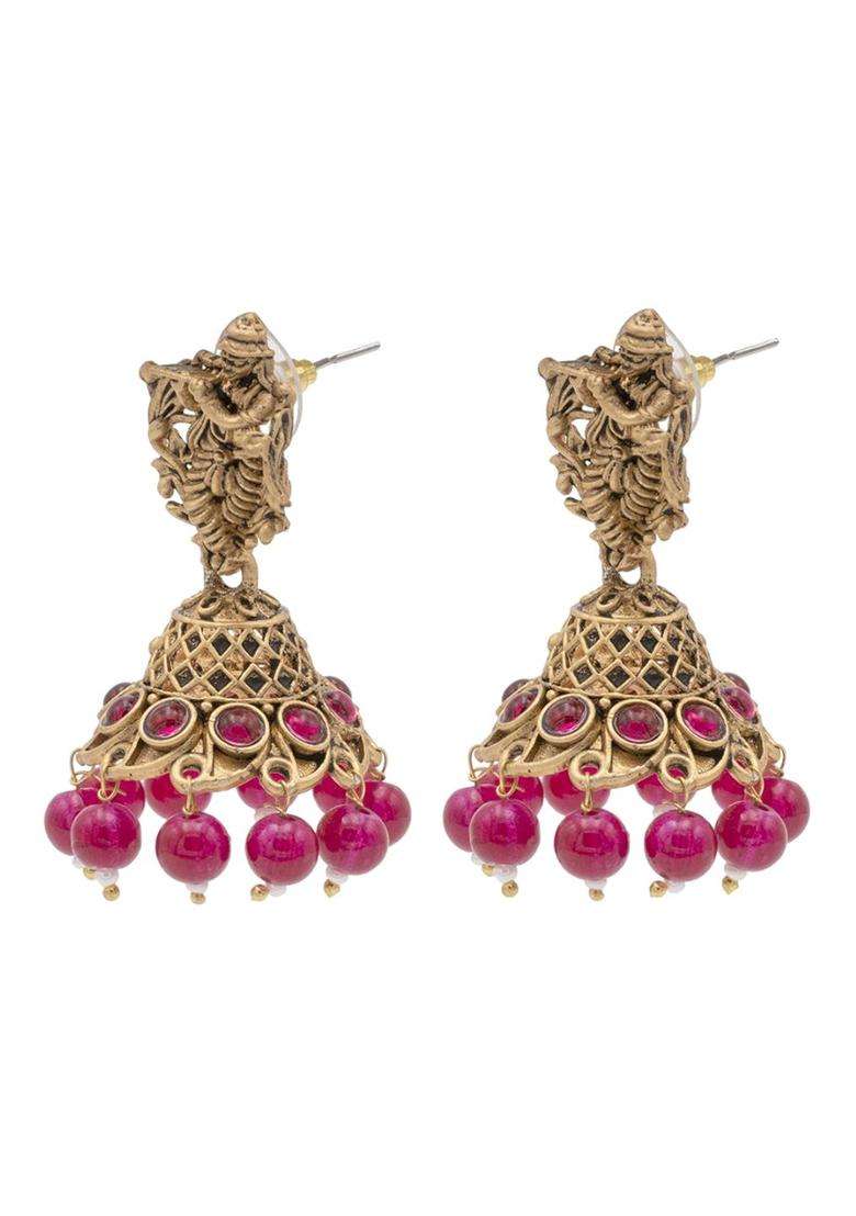 Gold-Plated Cubic Zirconia Studded Dome Shaped Jhumkas for Women | Traditional Temple Jewellery for Wedding & Festive Wear | Gift for Her - Indya