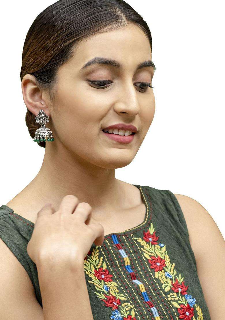 Silver-Plated Cubic Zirconia Studded Dome Shaped Jhumkas for Women | Traditional Temple Jewellery for Wedding & Festive Wear | Gift for Her - Indya