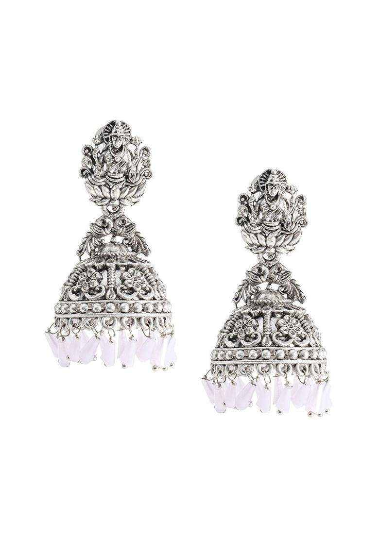Silver-Plated Cubic Zirconia Studded Dome Shaped Jhumkas for Women | Traditional Temple Jewellery for Wedding & Festive Wear | Gift for Her - Indya