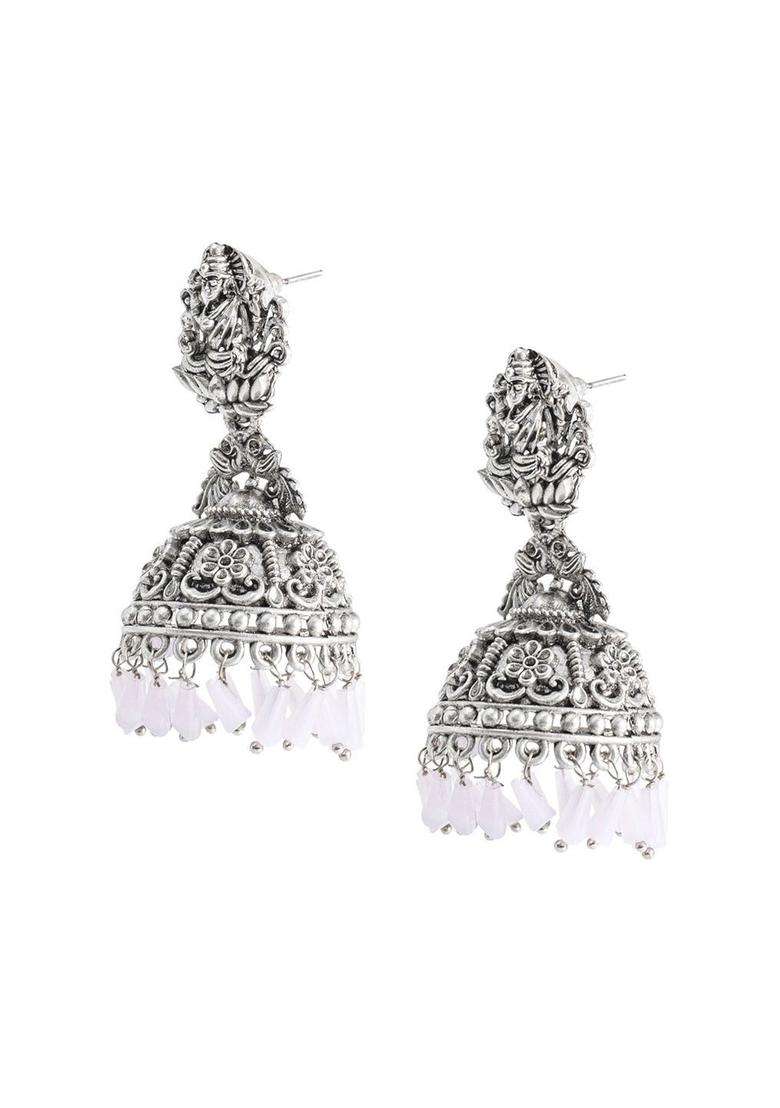 Silver-Plated Cubic Zirconia Studded Dome Shaped Jhumkas for Women | Traditional Temple Jewellery for Wedding & Festive Wear | Gift for Her - Indya