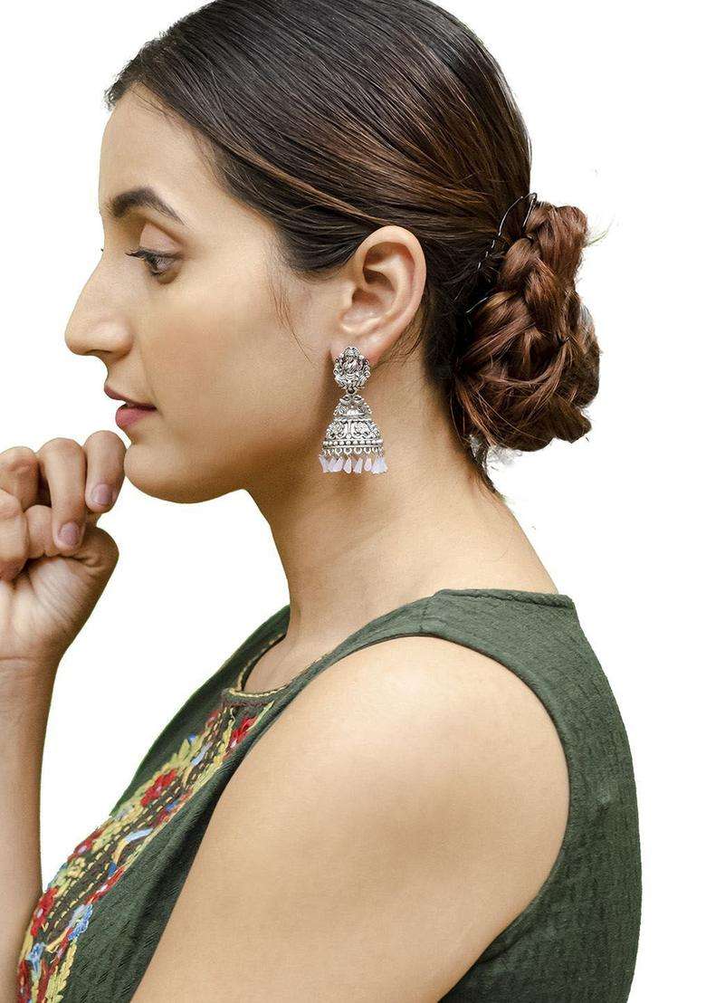 Silver-Plated Cubic Zirconia Studded Dome Shaped Jhumkas for Women | Traditional Temple Jewellery for Wedding & Festive Wear | Gift for Her - Indya