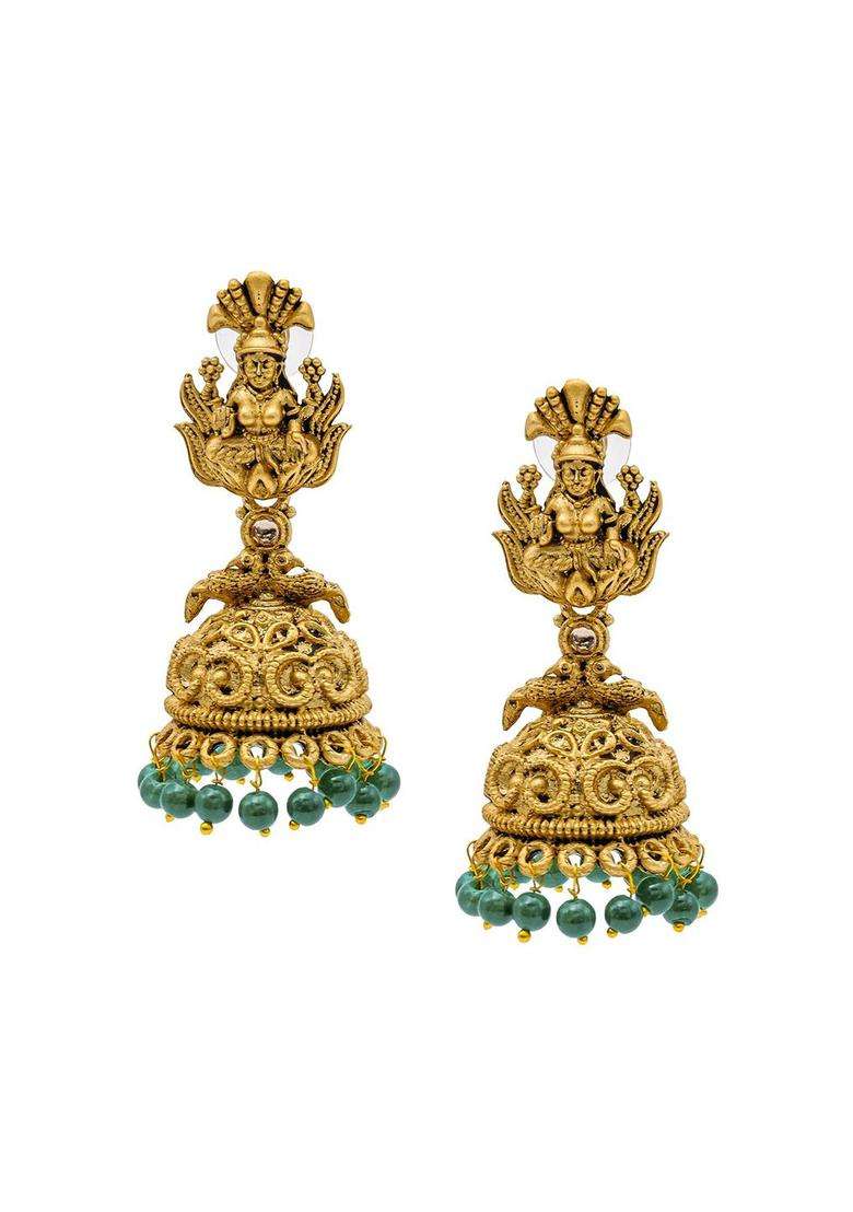 Cubic Zirconia Gold-Plated Temple Jhumkas for Women | Traditional Temple Jewellery for Wedding & Festive Wear | Gift for Her - Indya