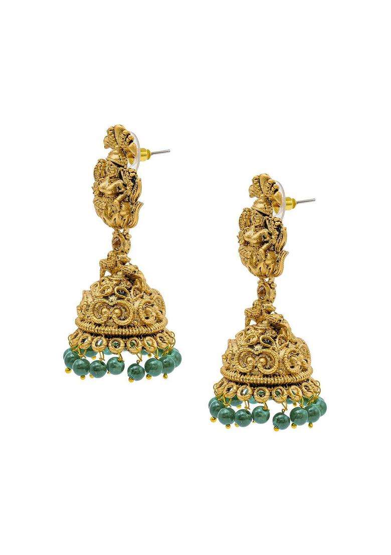 Cubic Zirconia Gold-Plated Temple Jhumkas for Women | Traditional Temple Jewellery for Wedding & Festive Wear | Gift for Her - Indya
