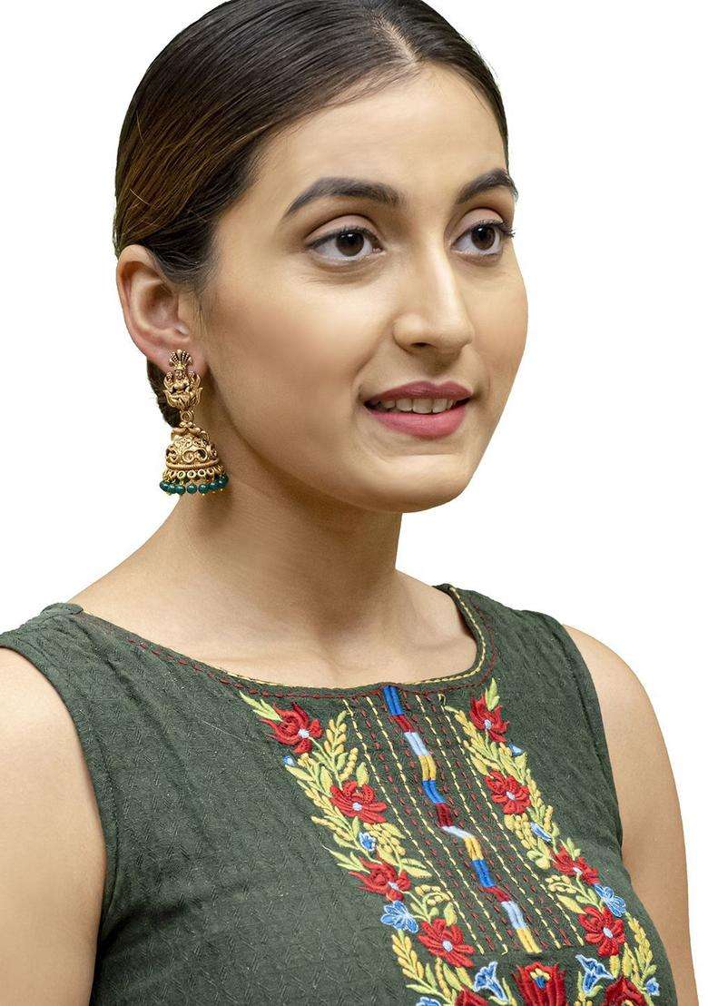Cubic Zirconia Gold-Plated Temple Jhumkas for Women | Traditional Temple Jewellery for Wedding & Festive Wear | Gift for Her - Indya