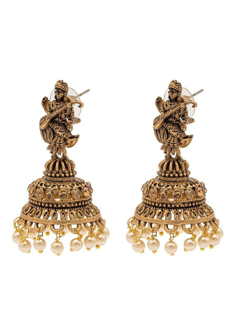 Cubic Zirconia Gold-Plated Temple Jhumkas for Women | Traditional Temple Jewellery for Wedding & Festive Wear | Gift for Her - Indya