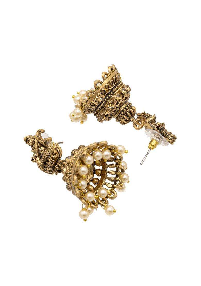 Cubic Zirconia Gold-Plated Temple Jhumkas for Women | Traditional Temple Jewellery for Wedding & Festive Wear | Gift for Her - Indya