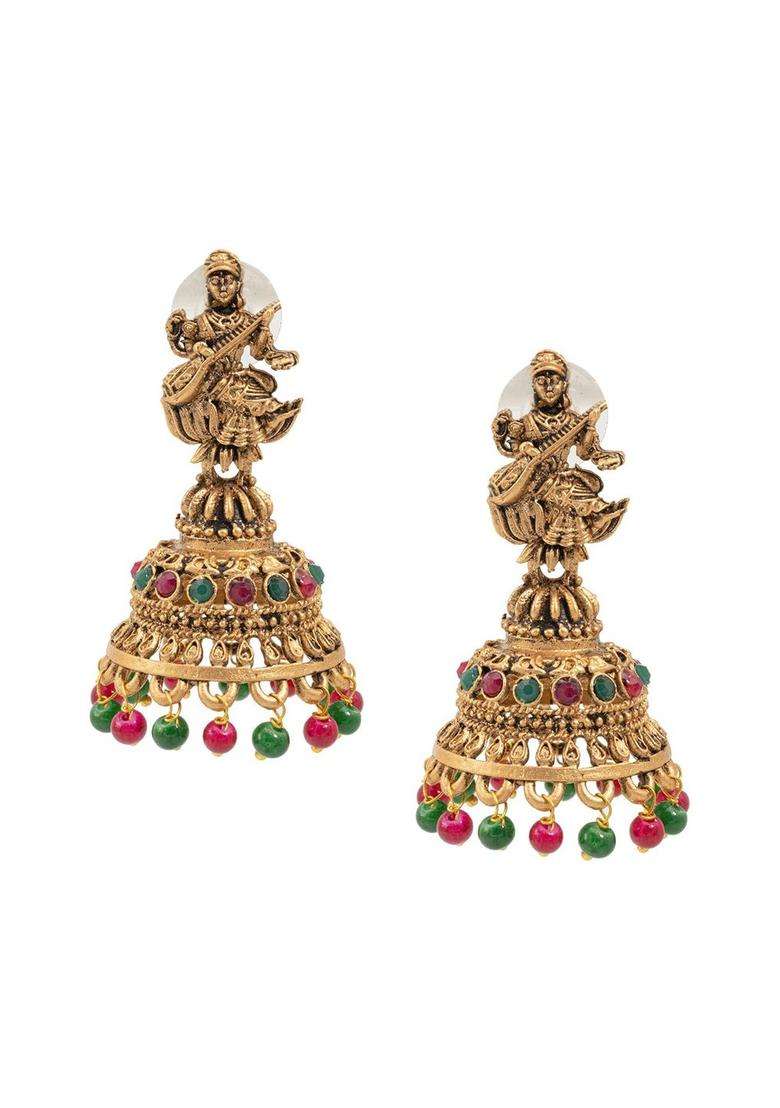Gold-Plated Artificial Beads Temple Jhumkas Earrings for Women | Traditional Temple Jewellery for Wedding & Festive Wear | Gift for Her - Indya