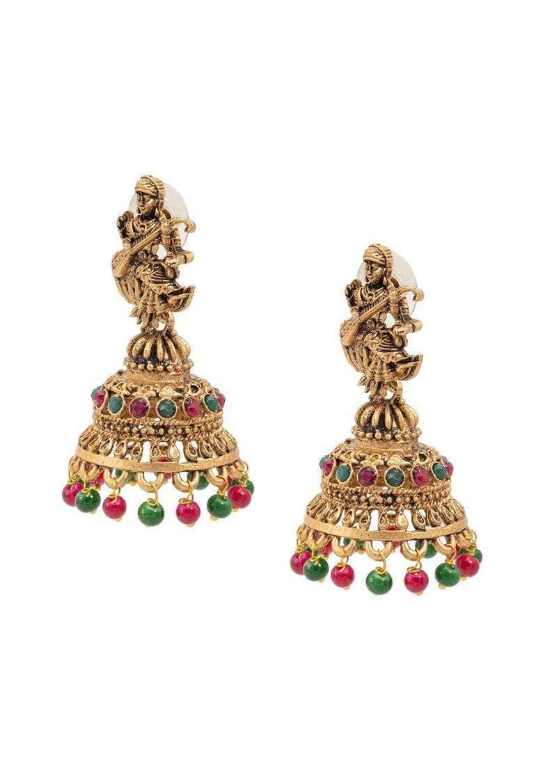 Gold-Plated Artificial Beads Temple Jhumkas Earrings for Women | Traditional Temple Jewellery for Wedding & Festive Wear | Gift for Her - Indya