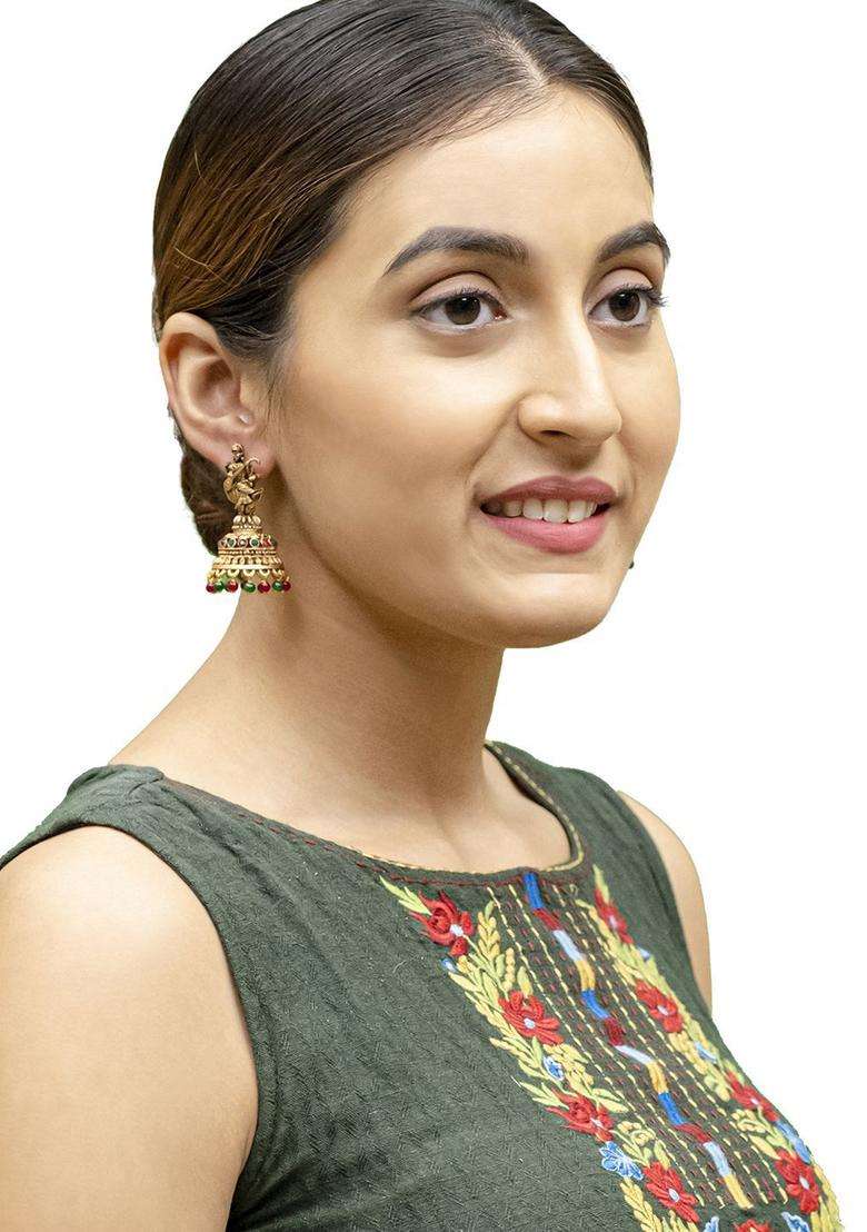 Gold-Plated Artificial Beads Temple Jhumkas Earrings for Women | Traditional Temple Jewellery for Wedding & Festive Wear | Gift for Her - Indya