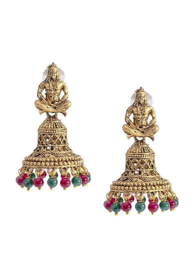 Gold-Plated Artificial Beads Jhumkas Earrings for Women | Traditional Temple Jewellery for Wedding & Festive Wear | Gift for Her - Indya