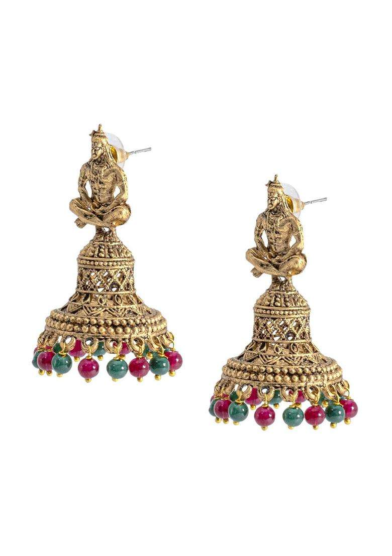 Gold-Plated Artificial Beads Jhumkas Earrings for Women | Traditional Temple Jewellery for Wedding & Festive Wear | Gift for Her - Indya