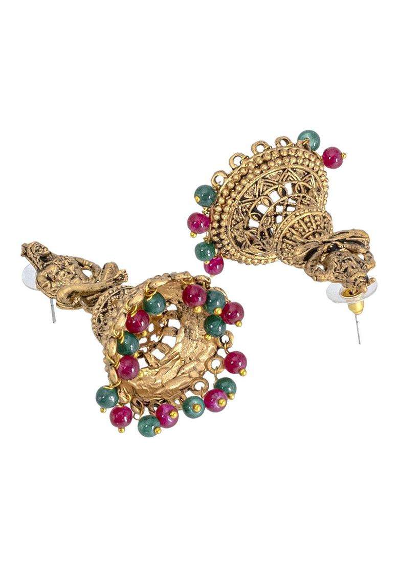 Gold-Plated Artificial Beads Jhumkas Earrings for Women | Traditional Temple Jewellery for Wedding & Festive Wear | Gift for Her - Indya