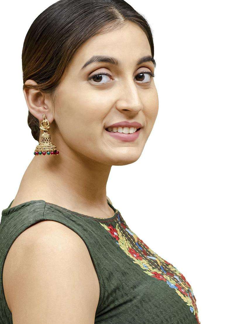 Gold-Plated Artificial Beads Jhumkas Earrings for Women | Traditional Temple Jewellery for Wedding & Festive Wear | Gift for Her - Indya