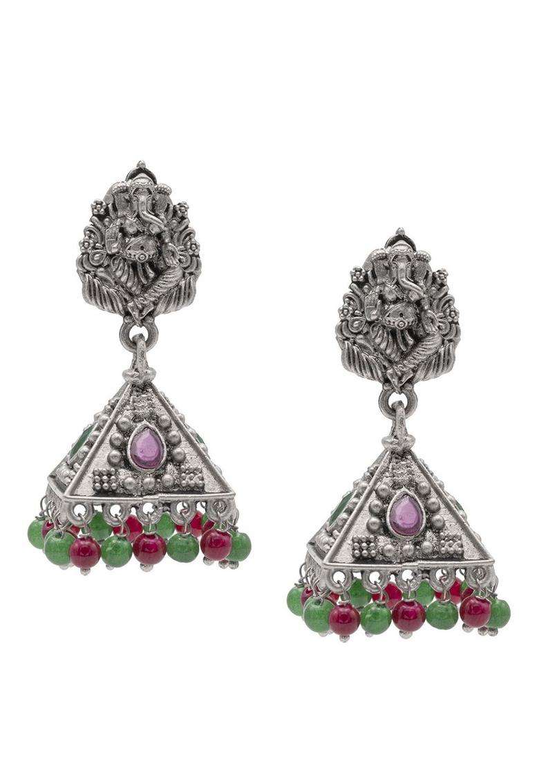 Silver-Plated Brass Cubic Zirconia Temple Jhumkas Earrings for Women | Traditional Temple Jewellery for Wedding & Festive Wear | Gift for Her - Indya