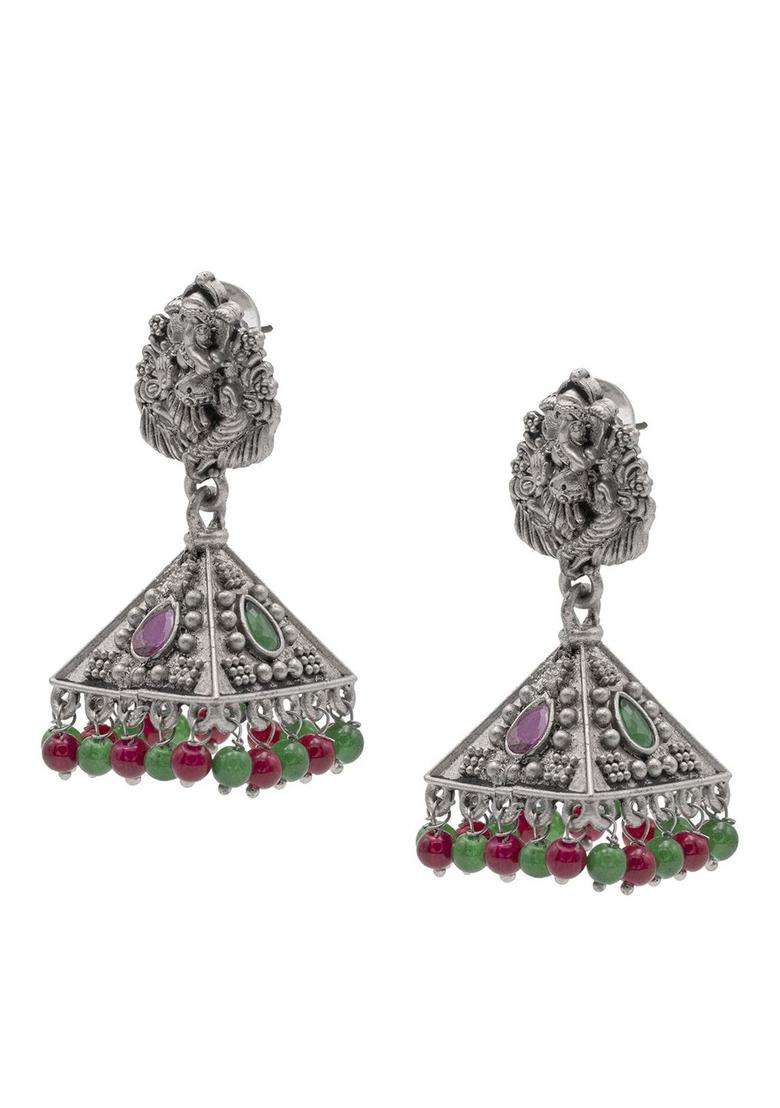 Silver-Plated Brass Cubic Zirconia Temple Jhumkas Earrings for Women | Traditional Temple Jewellery for Wedding & Festive Wear | Gift for Her - Indya