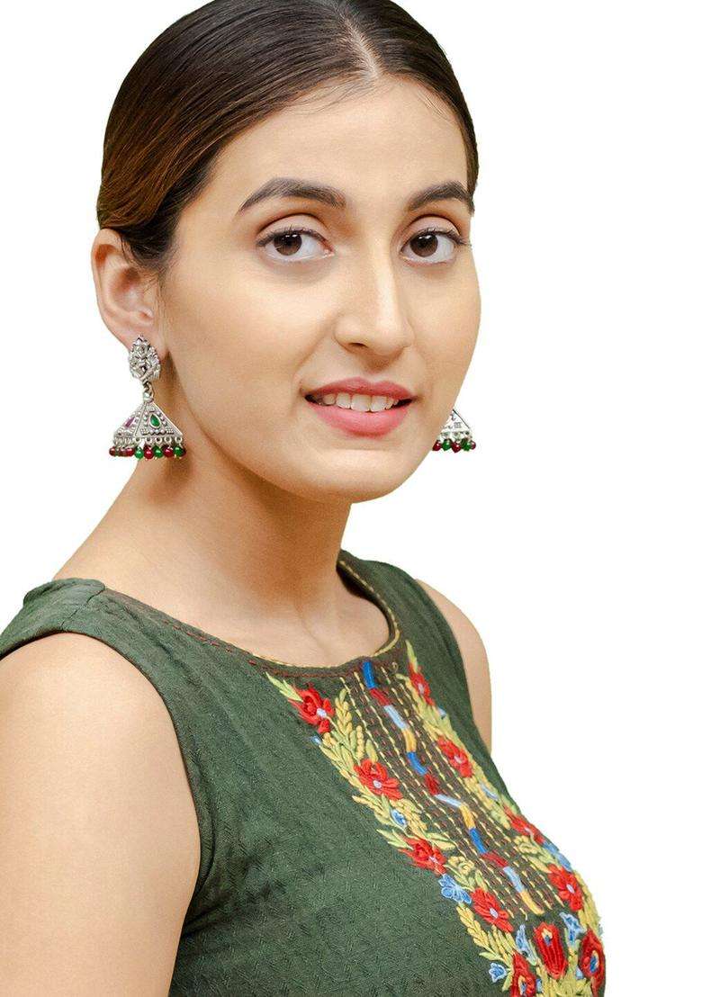 Silver-Plated Brass Cubic Zirconia Temple Jhumkas Earrings for Women | Traditional Temple Jewellery for Wedding & Festive Wear | Gift for Her - Indya