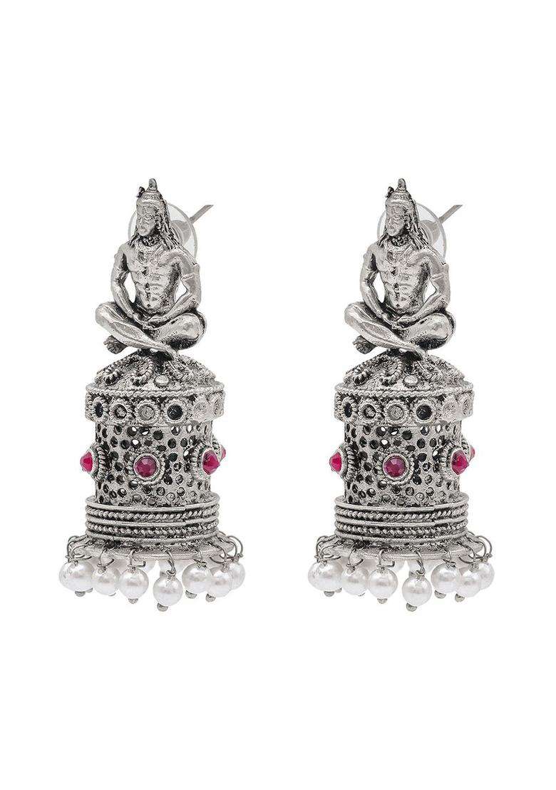 Silver-Plated Contemporary Jhumkas Earrings with CZ Stone for Women | Traditional Temple Jewellery for Wedding & Festive Wear | Gift for Her - Indya