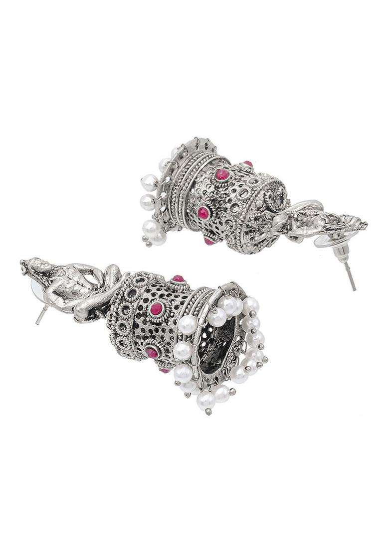 Silver-Plated Contemporary Jhumkas Earrings with CZ Stone for Women | Traditional Temple Jewellery for Wedding & Festive Wear | Gift for Her - Indya