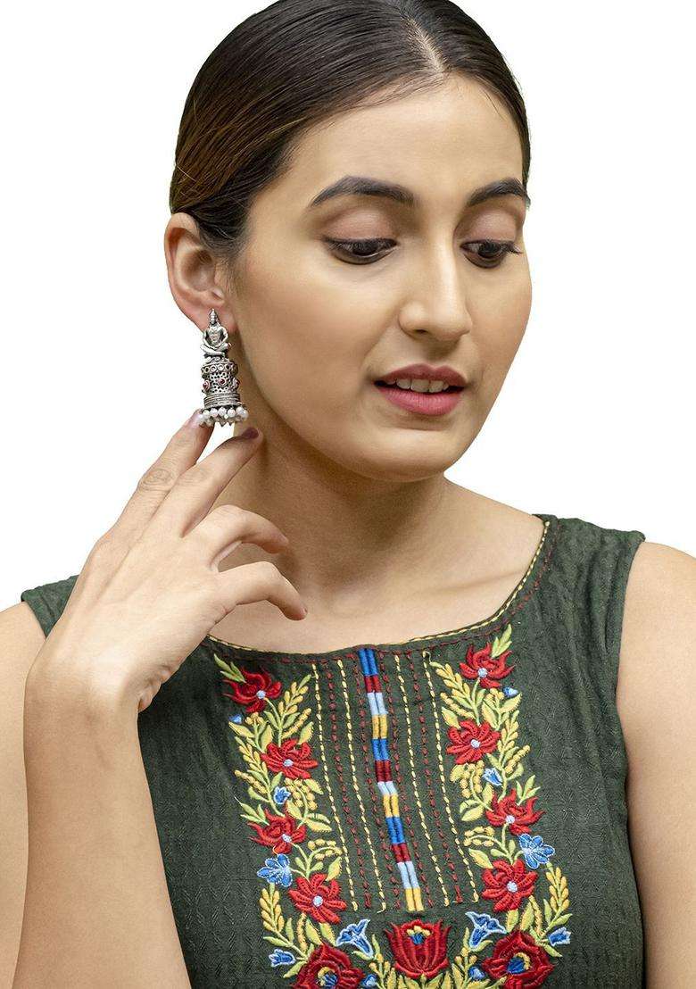 Silver-Plated Contemporary Jhumkas Earrings with CZ Stone for Women | Traditional Temple Jewellery for Wedding & Festive Wear | Gift for Her - Indya