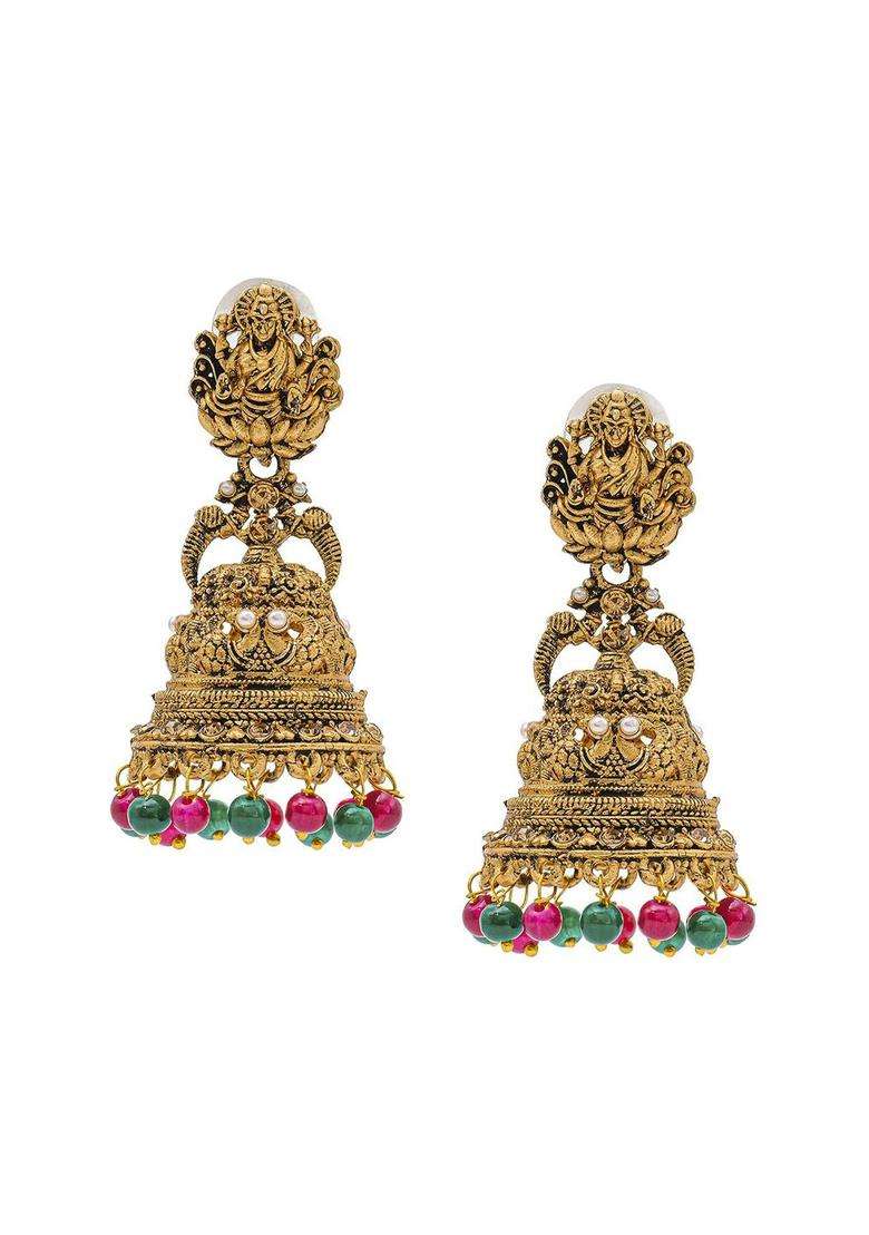 Gold-Plated Brass Artificial Beads Temple Jhumkas Earrings for Women | Traditional Temple Jewellery for Wedding & Festive Wear | Gift for Her - Indya