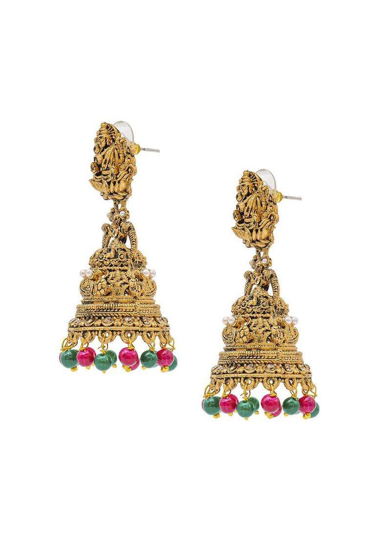 Gold-Plated Brass Artificial Beads Temple Jhumkas Earrings for Women | Traditional Temple Jewellery for Wedding & Festive Wear | Gift for Her - Indya