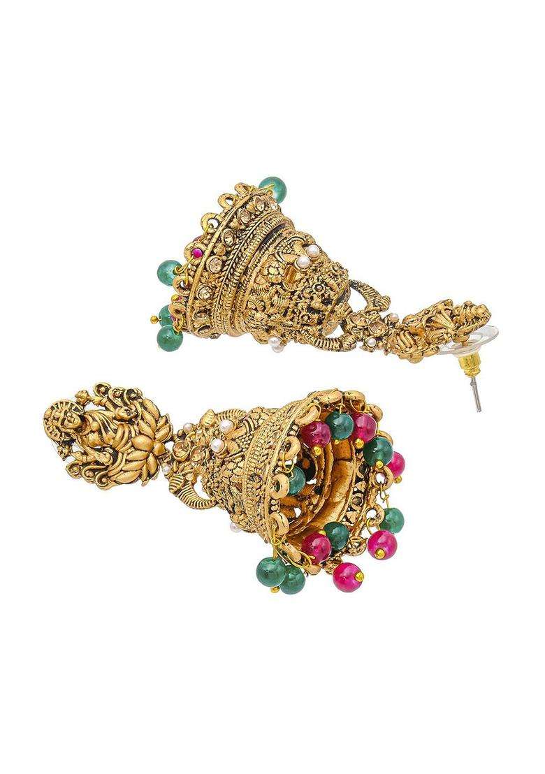 Gold-Plated Brass Artificial Beads Temple Jhumkas Earrings for Women | Traditional Temple Jewellery for Wedding & Festive Wear | Gift for Her - Indya
