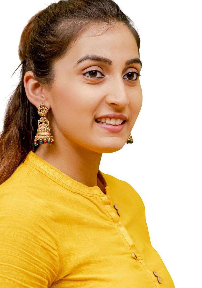Gold-Plated Brass Artificial Beads Temple Jhumkas Earrings for Women | Traditional Temple Jewellery for Wedding & Festive Wear | Gift for Her - Indya