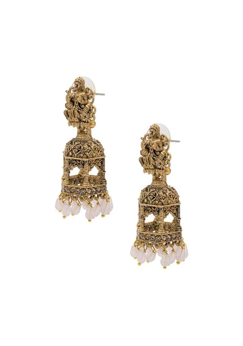 Gold-Plated Brass Artificial Beads Temple Jhumkas Earrings for Women | Traditional Temple Jewellery for Wedding & Festive Wear | Gift for Her - Indya