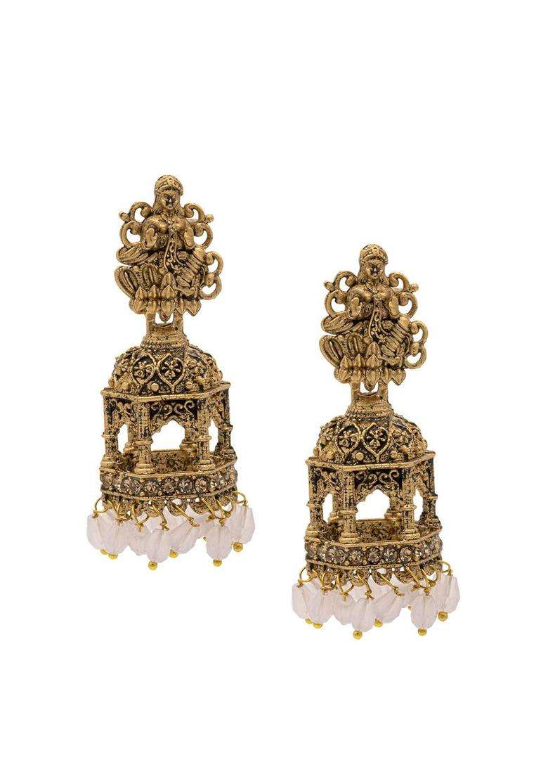 Gold-Plated Cubic Zirconia Studed Oxidised Temple Jhumkas for Women | Traditional Temple Jewellery for Wedding & Festive Wear | Gift for Her - Indya
