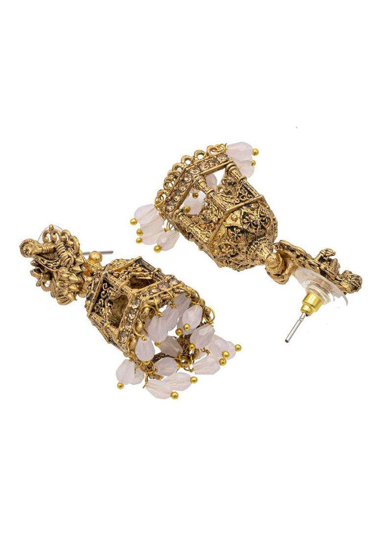 Gold-Plated Cubic Zirconia Studed Oxidised Temple Jhumkas for Women | Traditional Temple Jewellery for Wedding & Festive Wear | Gift for Her - Indya
