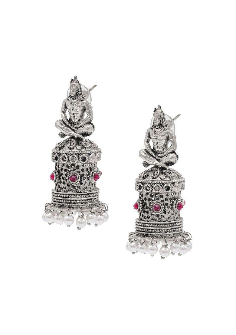 Silver-Plated Cubic Zirconia Studed Oxidised Temple Jhumkas for Women | Traditional Temple Jewellery for Wedding & Festive Wear | Gift for Her - Indya