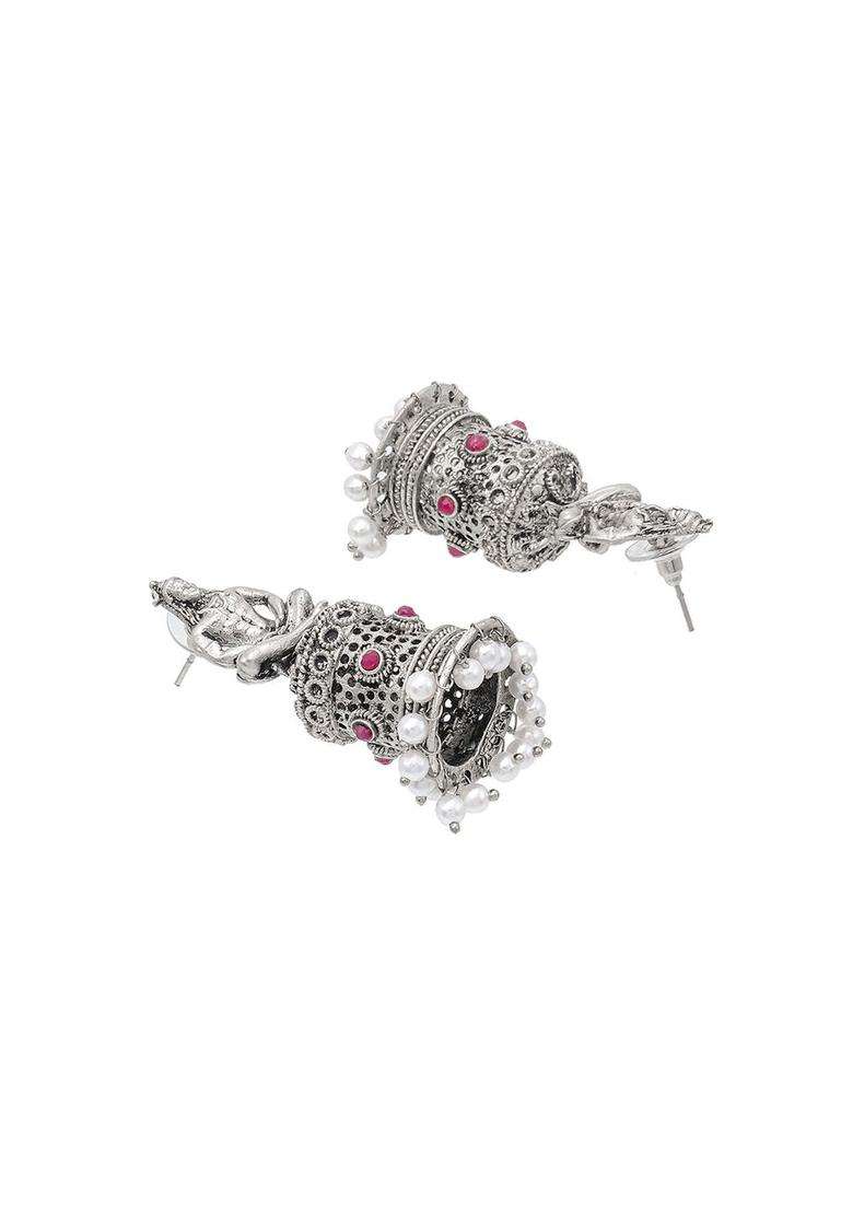 Silver-Plated Cubic Zirconia Studed Oxidised Temple Jhumkas for Women | Traditional Temple Jewellery for Wedding & Festive Wear | Gift for Her - Indya