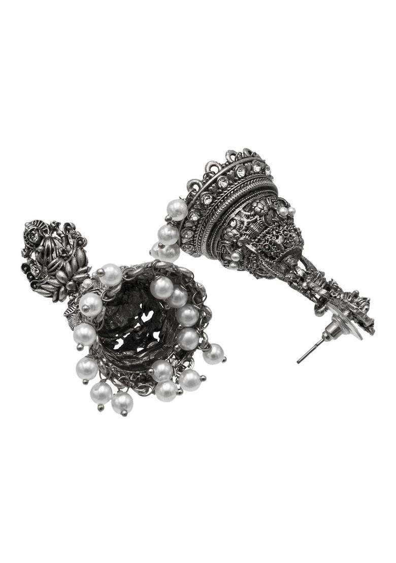 Silver-Plated Dome Shaped Cubic Zirconia Jhumkas for Women | Traditional Temple Jewellery for Wedding & Festive Wear | Gift for Her - Indya
