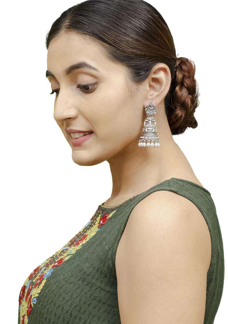 Silver-Plated Dome Shaped Cubic Zirconia Jhumkas for Women | Traditional Temple Jewellery for Wedding & Festive Wear | Gift for Her - Indya