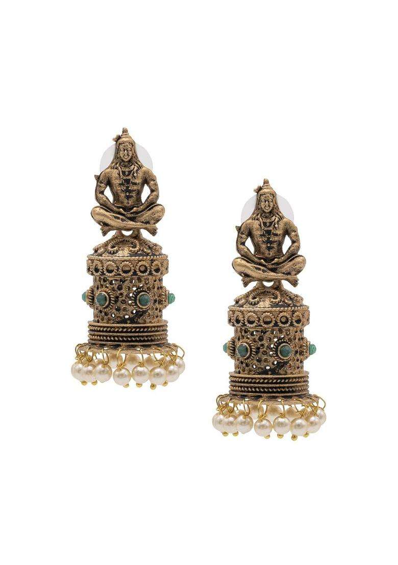 Gold-Plated Cubic Zirconia Studed Oxidised Temple Jhumkas for Women | Traditional Temple Jewellery for Wedding & Festive Wear | Gift for Her - Indya