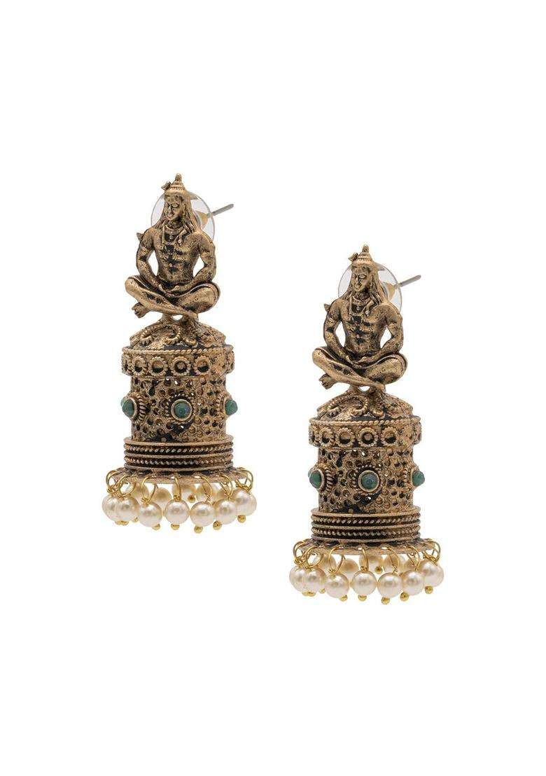 Gold-Plated Cubic Zirconia Studed Oxidised Temple Jhumkas for Women | Traditional Temple Jewellery for Wedding & Festive Wear | Gift for Her - Indya