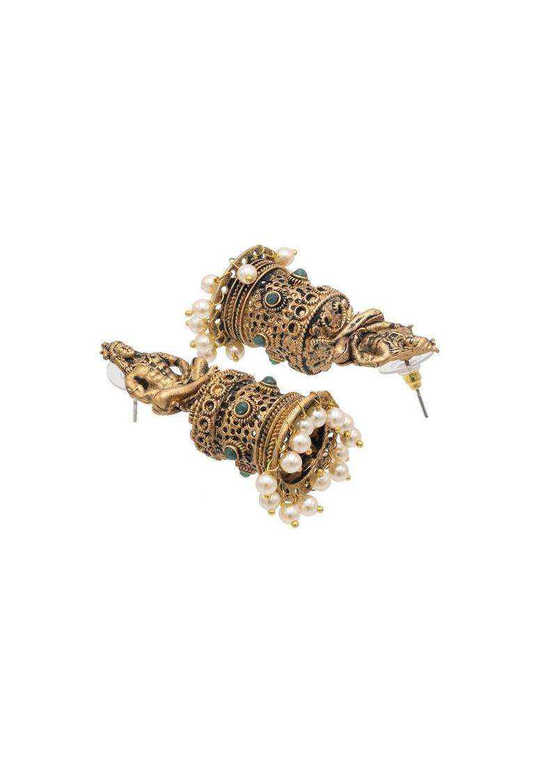 Gold-Plated Cubic Zirconia Studed Oxidised Temple Jhumkas for Women | Traditional Temple Jewellery for Wedding & Festive Wear | Gift for Her - Indya