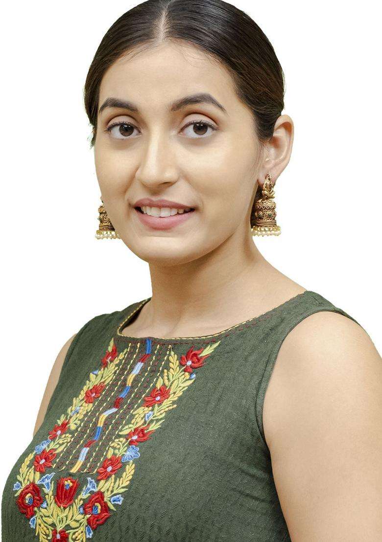 Gold-Plated Cubic Zirconia Studed Oxidised Temple Jhumkas for Women | Traditional Temple Jewellery for Wedding & Festive Wear | Gift for Her - Indya