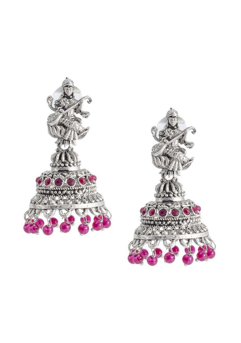 Silver-Plated Contemporary Jhumkas Earrings with CZ Stone for Women | Traditional Temple Jewellery for Wedding & Festive Wear | Gift for Her - Indya