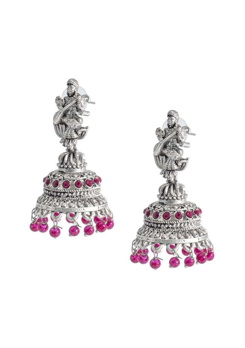 Silver-Plated Contemporary Jhumkas Earrings with CZ Stone for Women | Traditional Temple Jewellery for Wedding & Festive Wear | Gift for Her - Indya