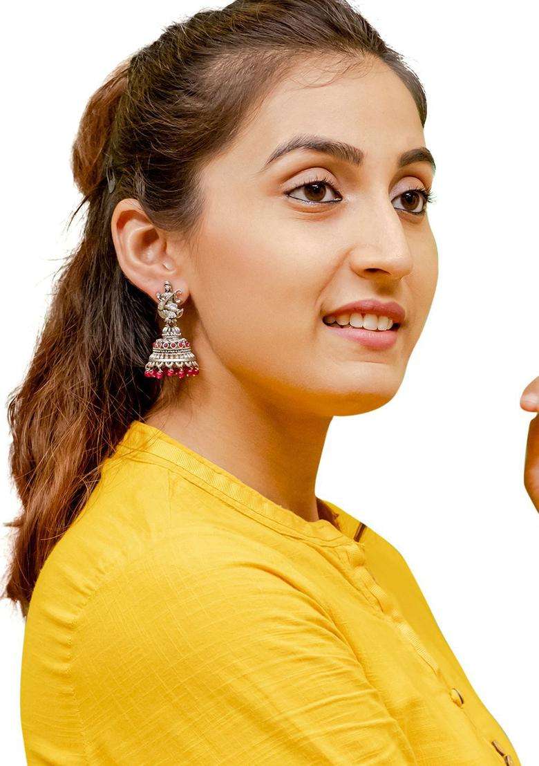 Silver-Plated Contemporary Jhumkas Earrings with CZ Stone for Women | Traditional Temple Jewellery for Wedding & Festive Wear | Gift for Her - Indya