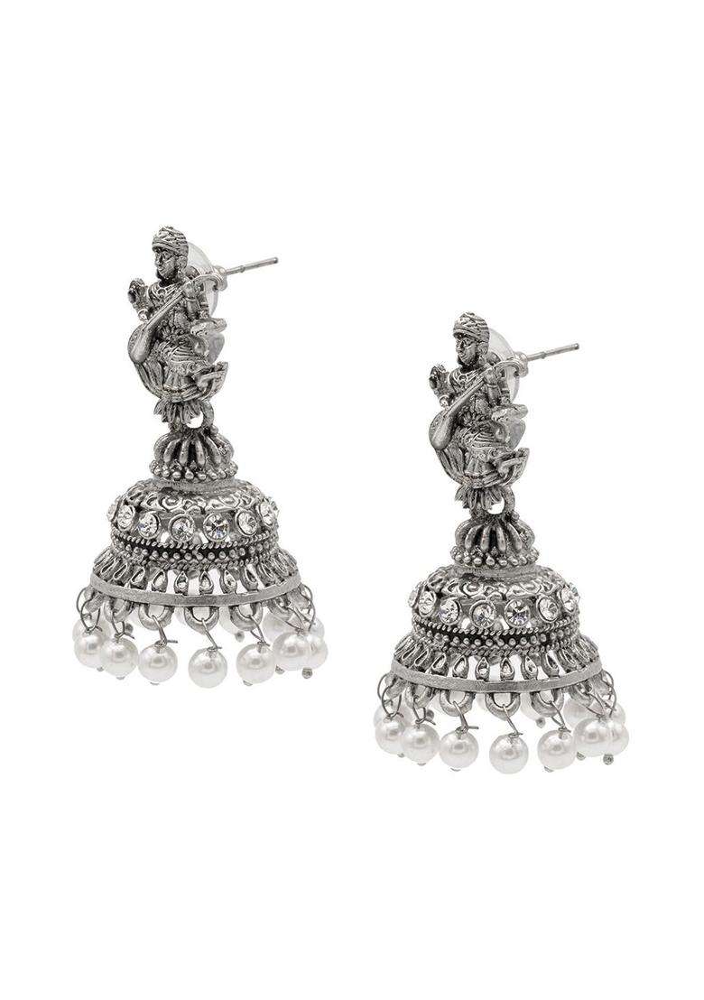 Silver-Plated Contemporary Jhumkas Earrings with CZ Stone for Women | Traditional Temple Jewellery for Wedding & Festive Wear | Gift for Her - Indya