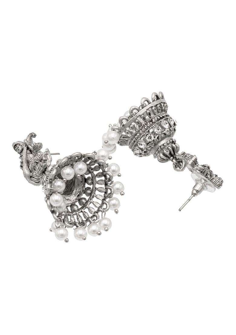 Silver-Plated Contemporary Jhumkas Earrings with CZ Stone for Women | Traditional Temple Jewellery for Wedding & Festive Wear | Gift for Her - Indya