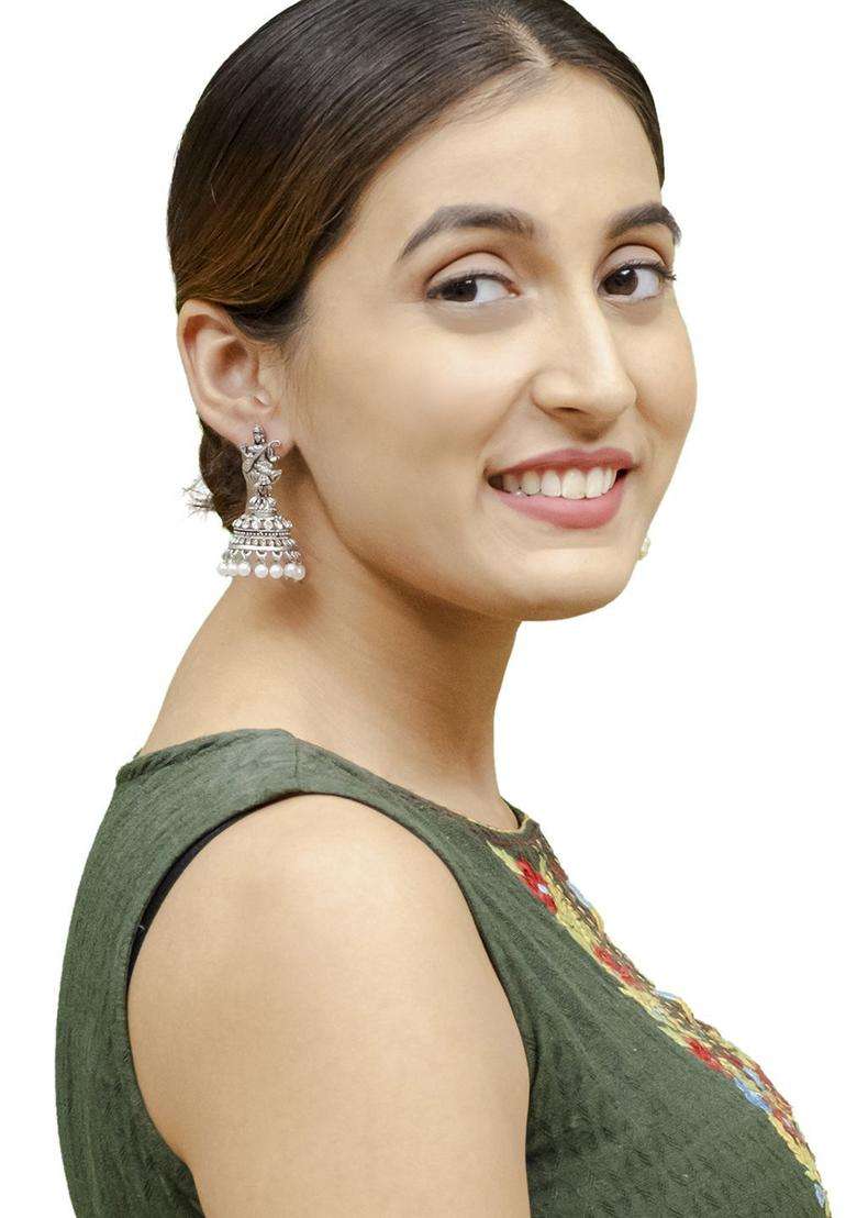Silver-Plated Contemporary Jhumkas Earrings with CZ Stone for Women | Traditional Temple Jewellery for Wedding & Festive Wear | Gift for Her - Indya