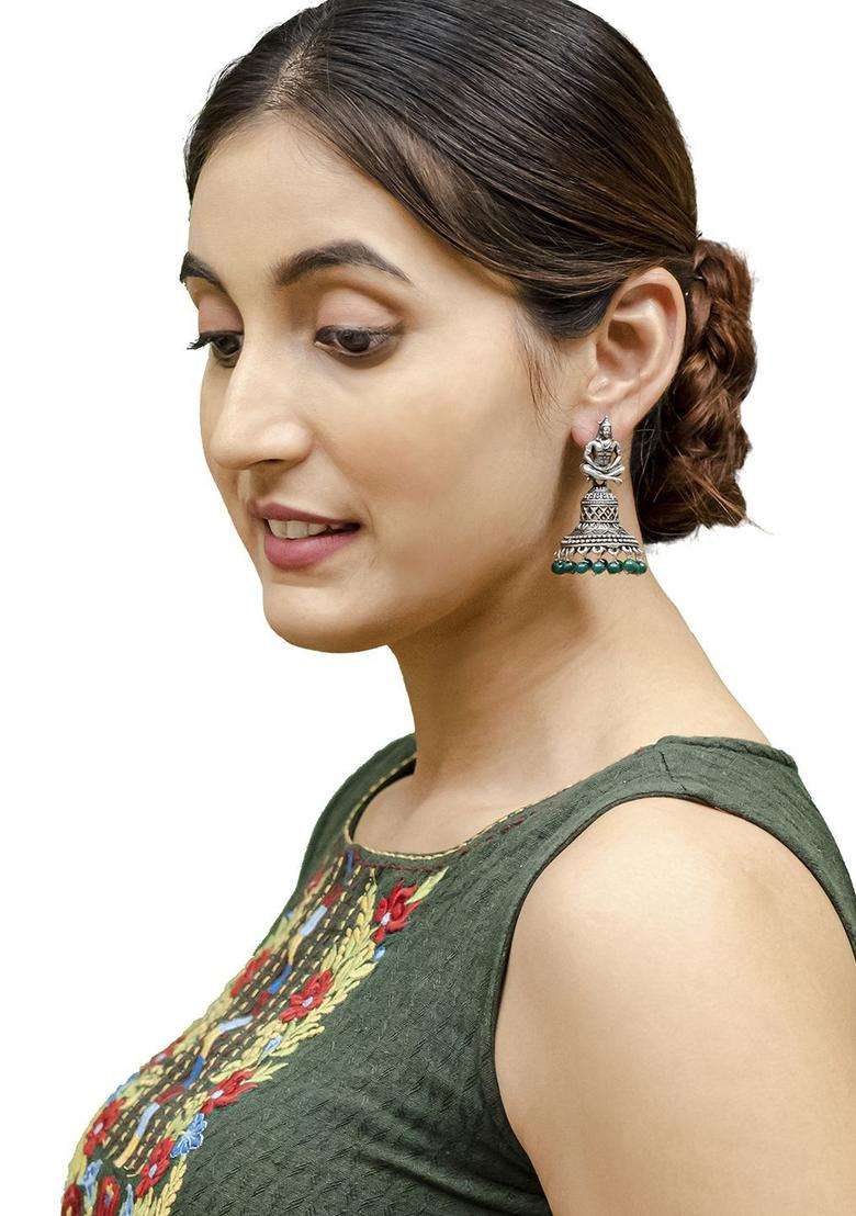 Silver-Plated Contemporary Jhumkas Earrings with CZ Stone for Women | Traditional Temple Jewellery for Wedding & Festive Wear | Gift for Her - Indya